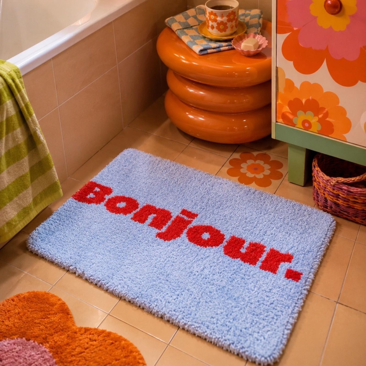 Tapis de bain Bonjour bleu clair