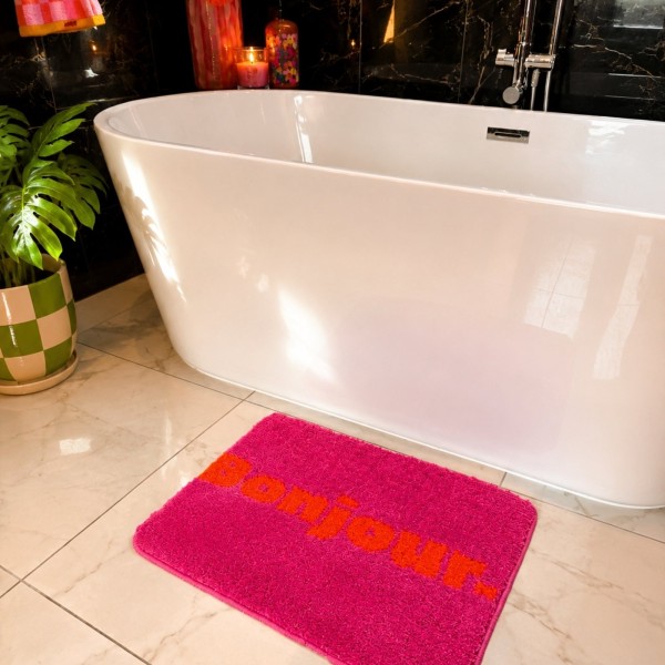 Tapis de bain Bonjour rose