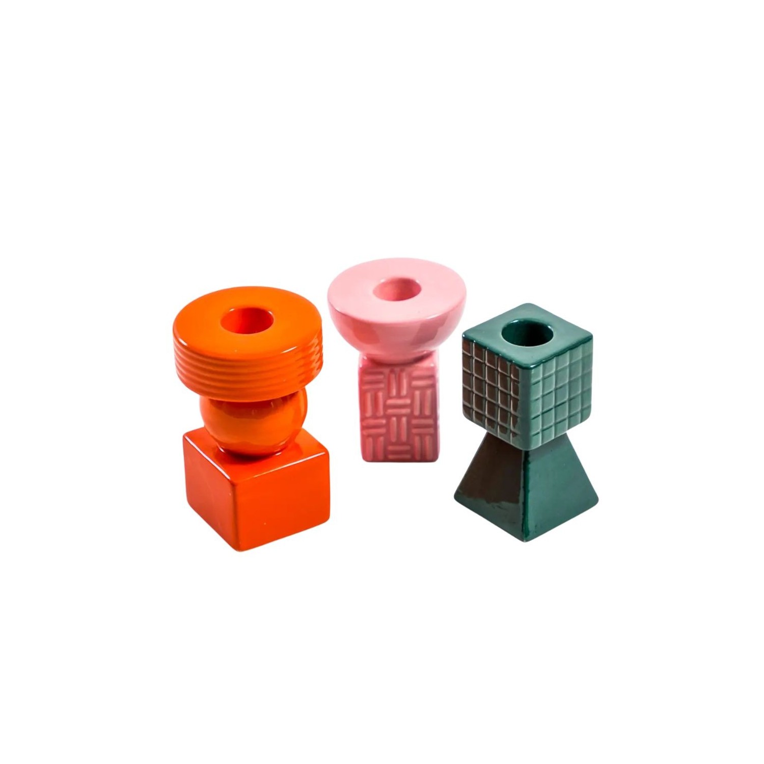 Ensemble de 3 porte-bougies géométriques en céramique orange rose et vert