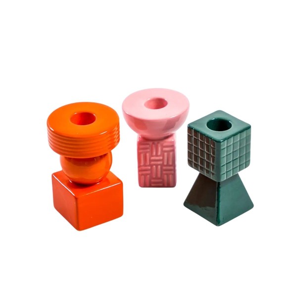 Ensemble de 3 porte-bougies géométriques en céramique orange rose et vert