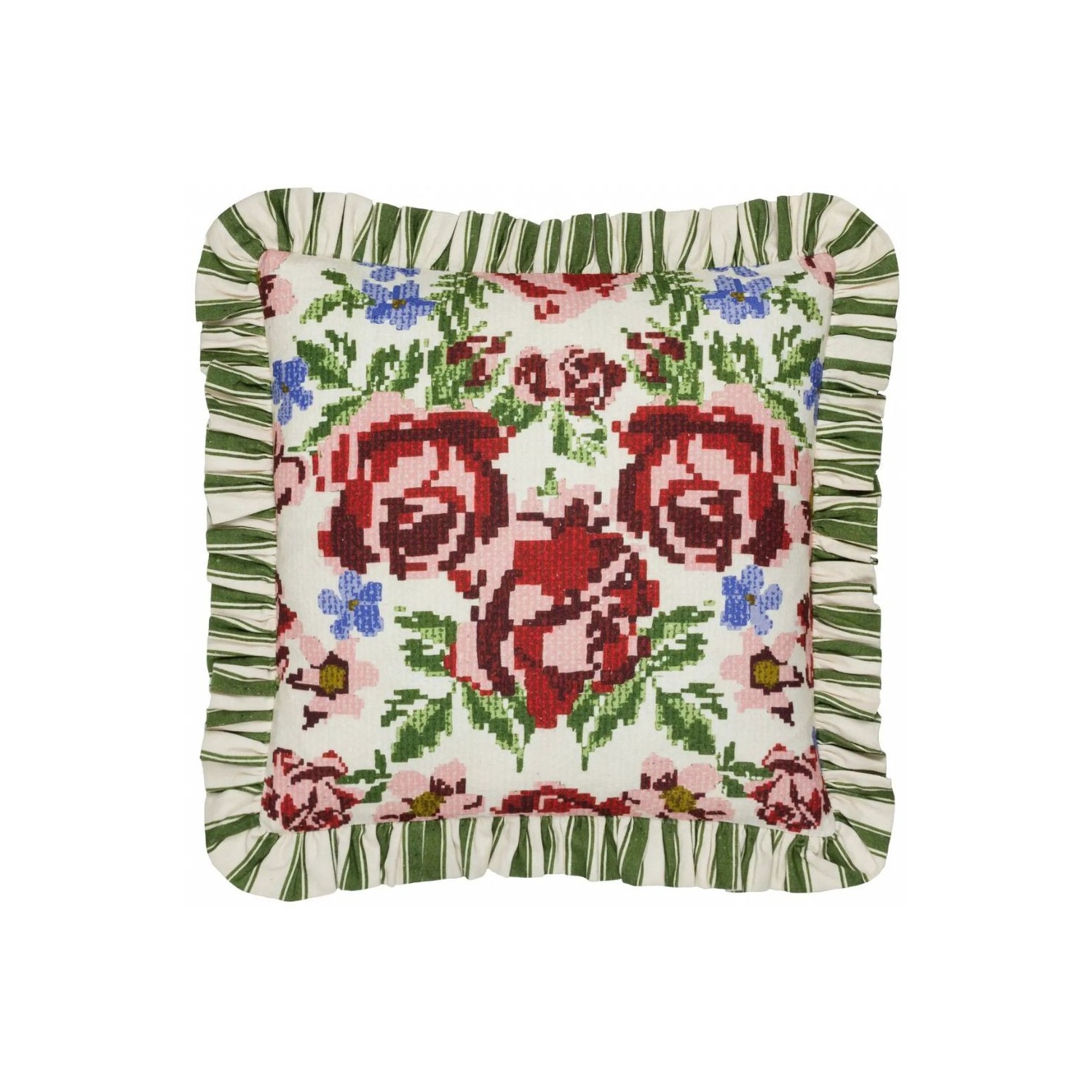 Coussin à volants avec fleurs brodées style vintage décoration colorée