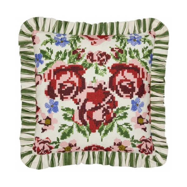Coussin à volants avec fleurs brodées style vintage décoration colorée