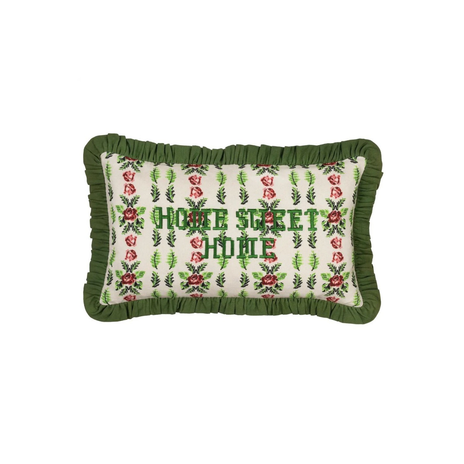 Coussin Home Sweet Home brodé avec volants verts style vintage décoration maison