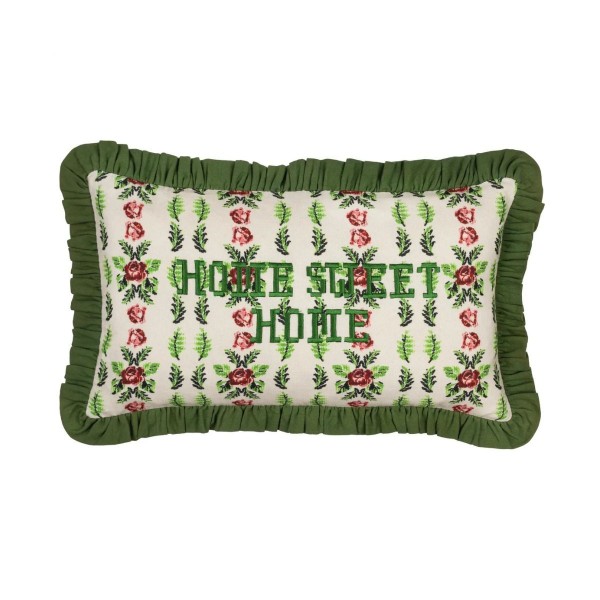 Coussin Home Sweet Home brodé avec volants verts style vintage décoration maison