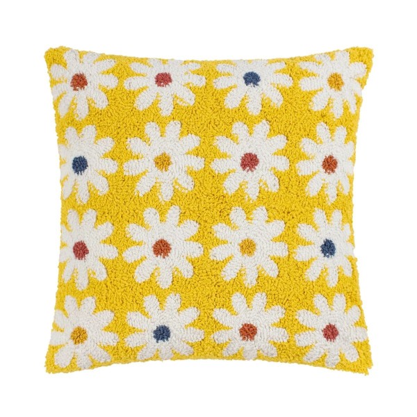 Coussin jaune à marguerites blanches style rétro décoration intérieure colorée