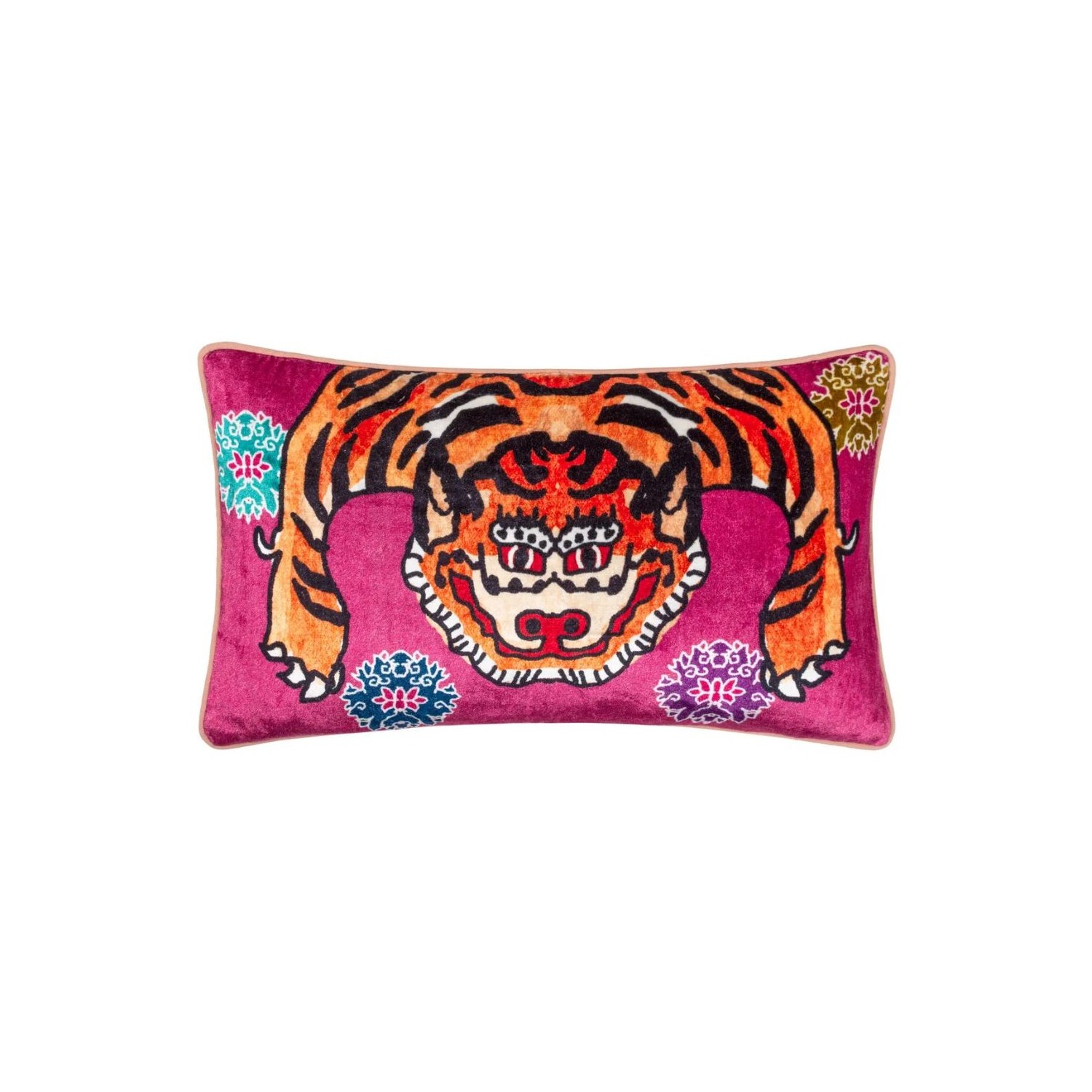 Coussin tigre rose en velours décoration intérieure colorée style rétro