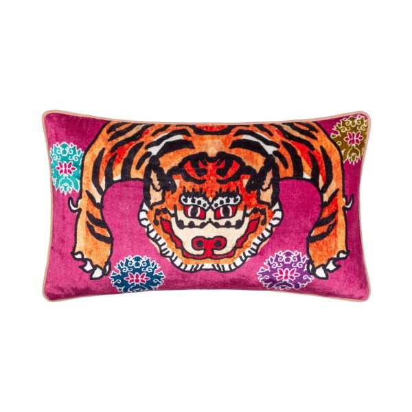 Coussin tigre rose en velours décoration intérieure colorée style rétro