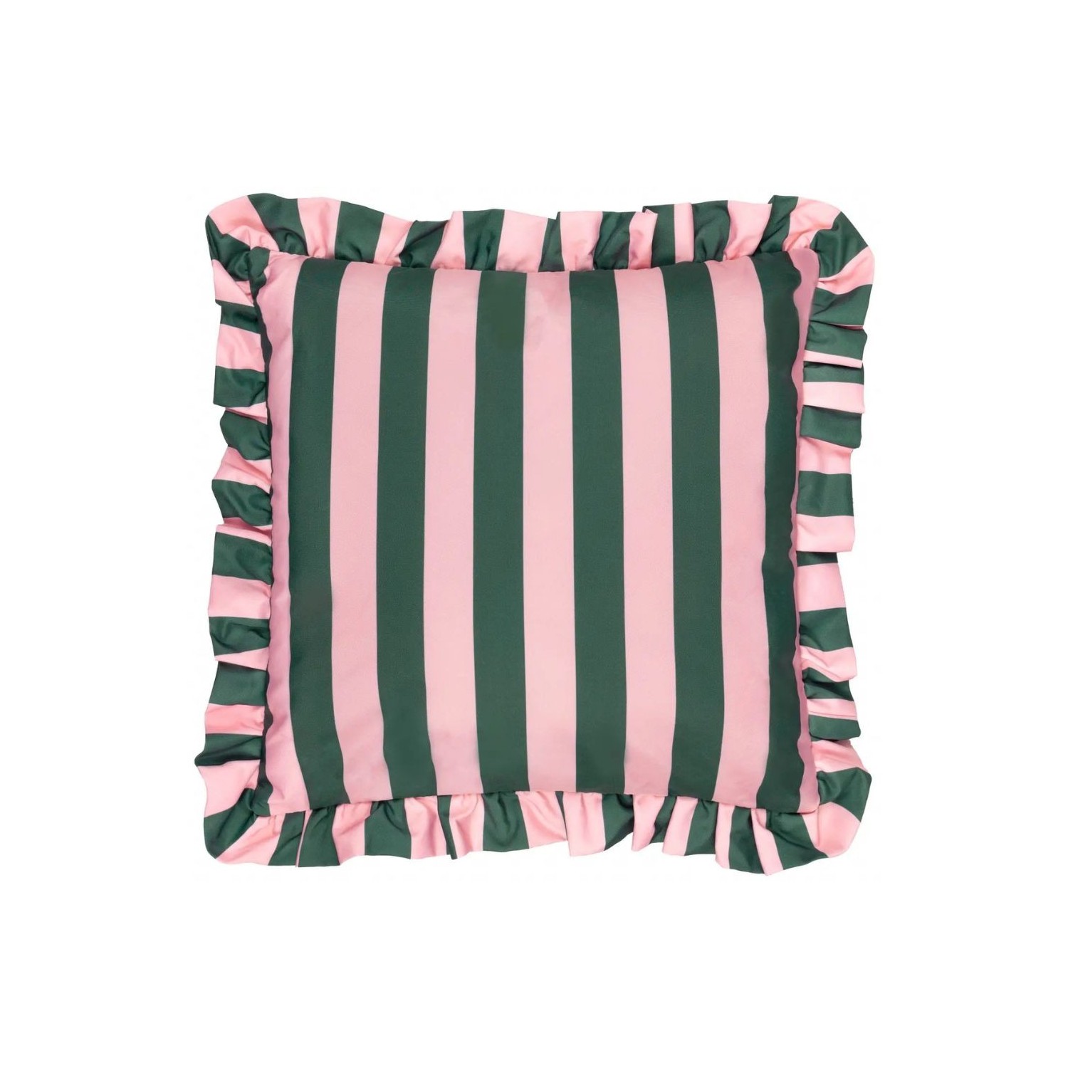 Coussin d’extérieur à rayures rose et vert avec volants décoration colorée