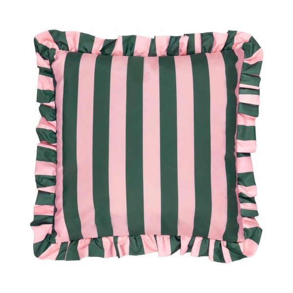 Coussin d’extérieur à rayures rose et vert avec volants décoration colorée