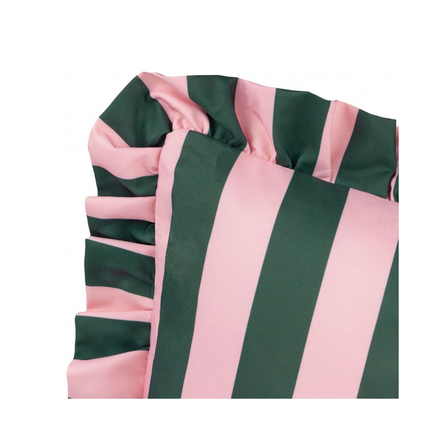 Coussin d’extérieur à rayures rose et vert avec volants décoration colorée