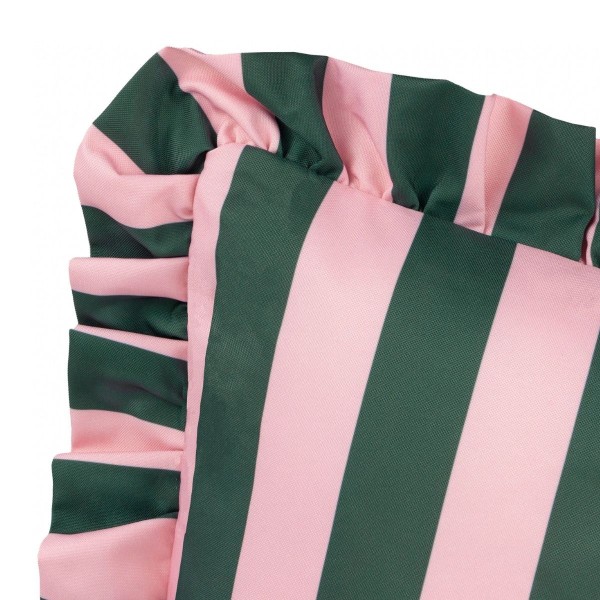 Coussin d’extérieur à rayures rose et vert avec volants décoration colorée