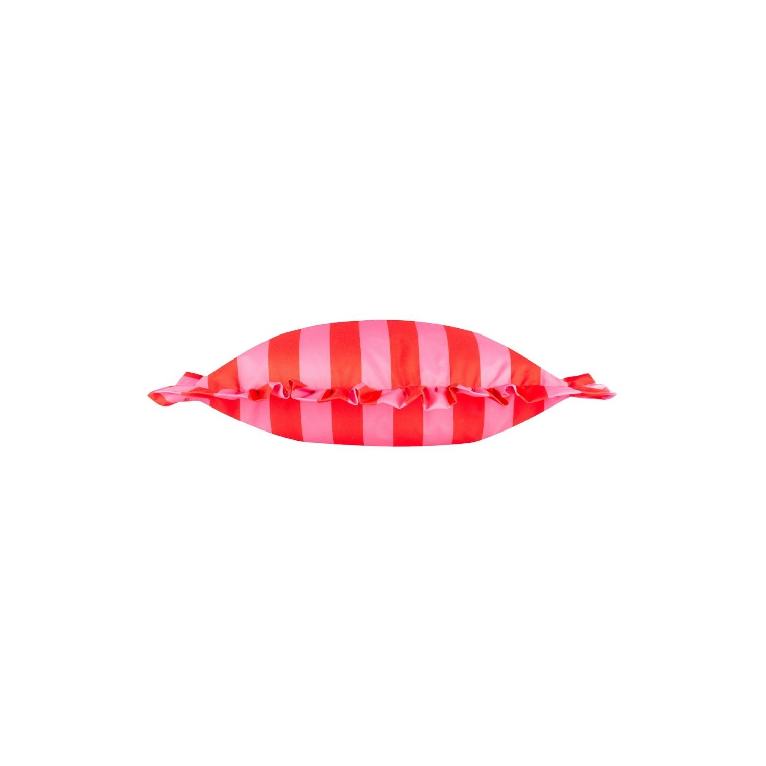 Coussin d’extérieur à rayures rose et rouge avec volants décoration colorée