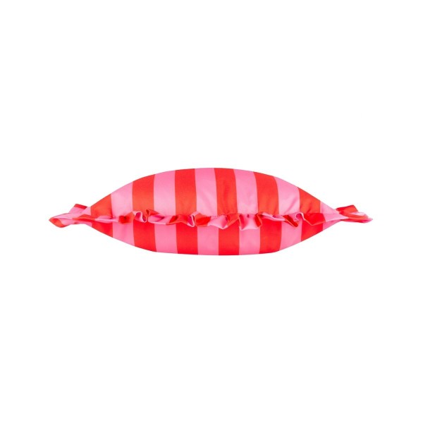 Coussin d’extérieur à rayures rose et rouge avec volants décoration colorée