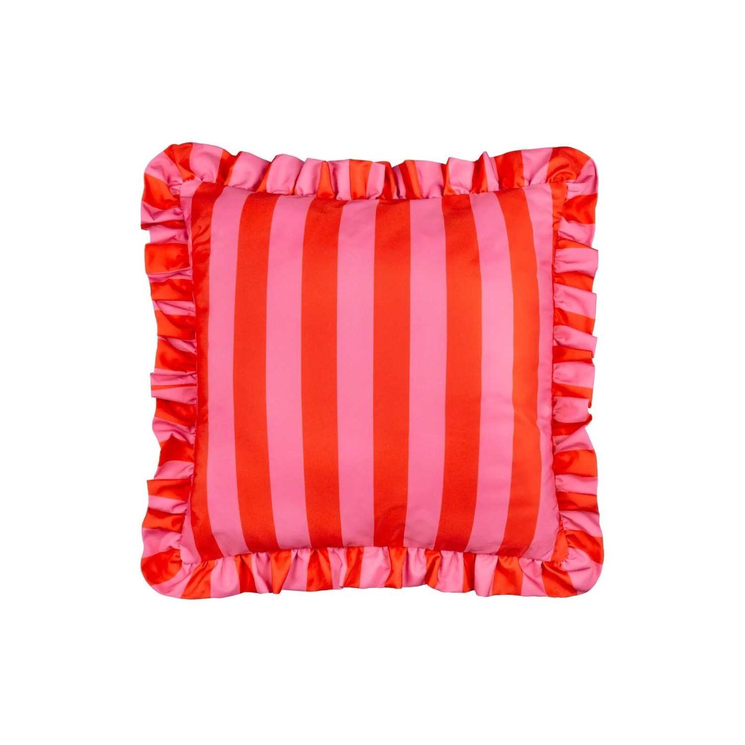 Coussin d’extérieur à rayures rose et rouge avec volants décoration colorée
