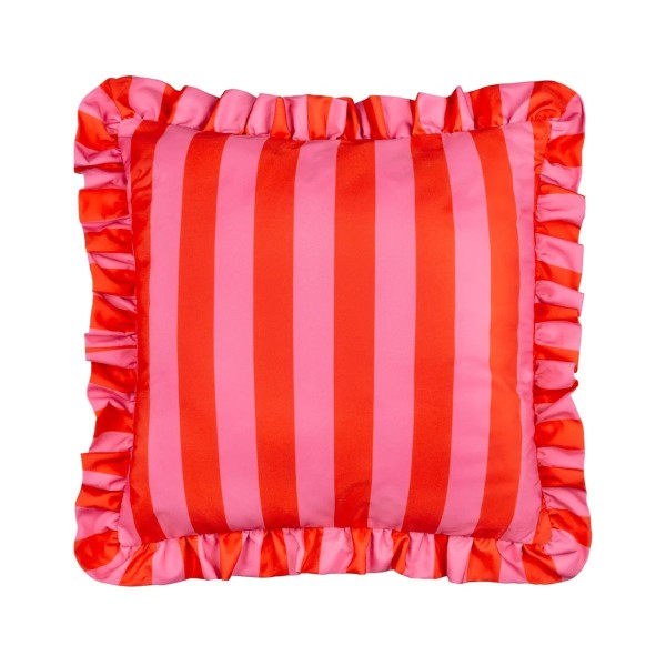 Coussin d’extérieur à rayures rose et rouge avec volants décoration colorée