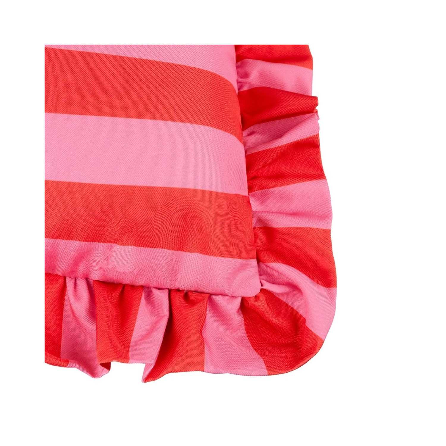 Coussin d’extérieur à rayures rose et rouge avec volants décoration colorée