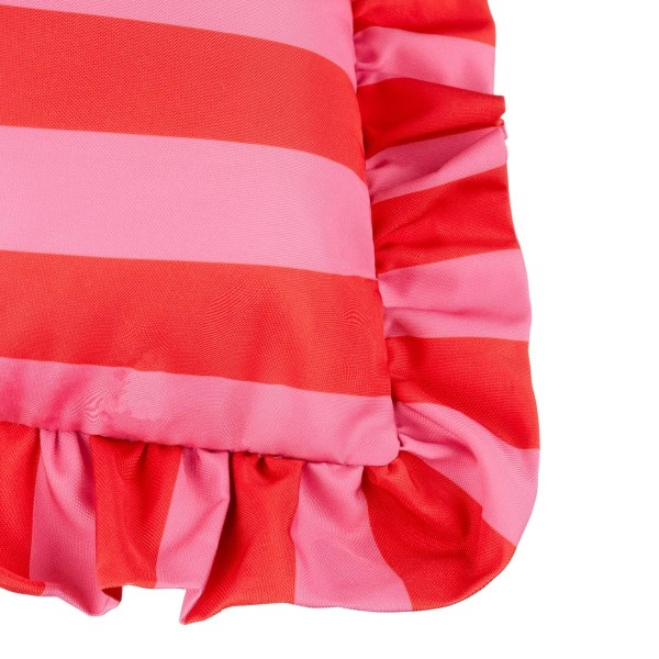 Coussin d’extérieur à rayures rose et rouge avec volants décoration colorée