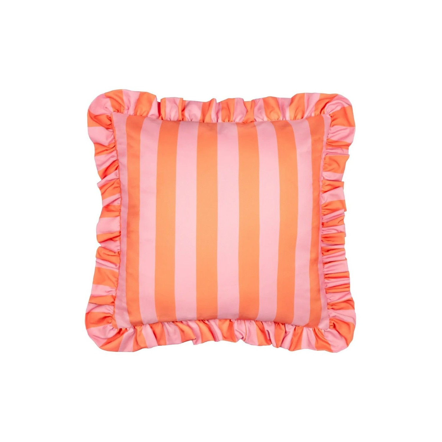 Coussin d’extérieur à rayures rose et orange avec volants décoration colorée