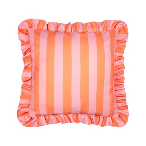 Coussin d’extérieur à rayures rose et orange avec volants décoration colorée