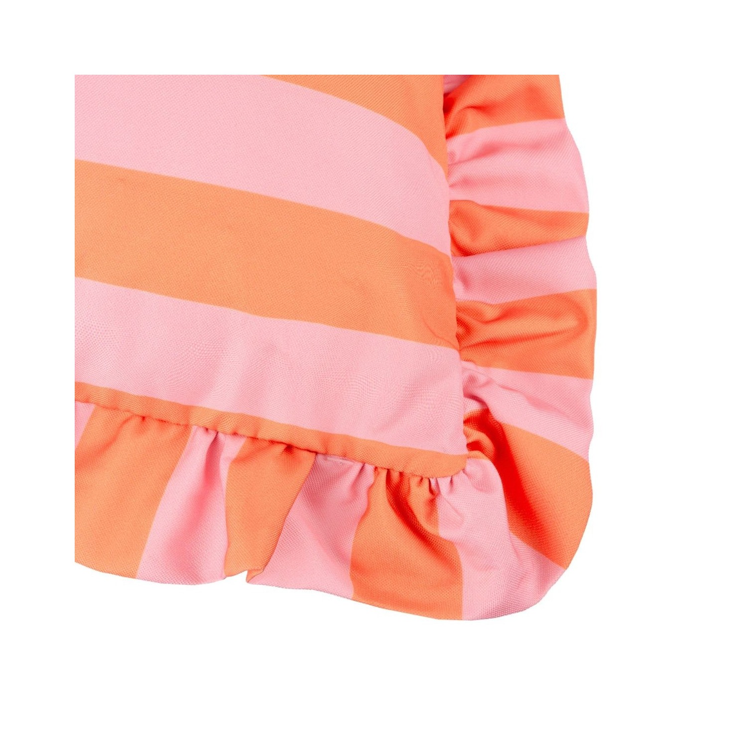 Coussin d’extérieur à rayures rose et orange avec volants décoration colorée