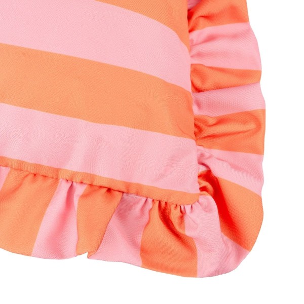 Coussin d’extérieur à rayures rose et orange avec volants décoration colorée