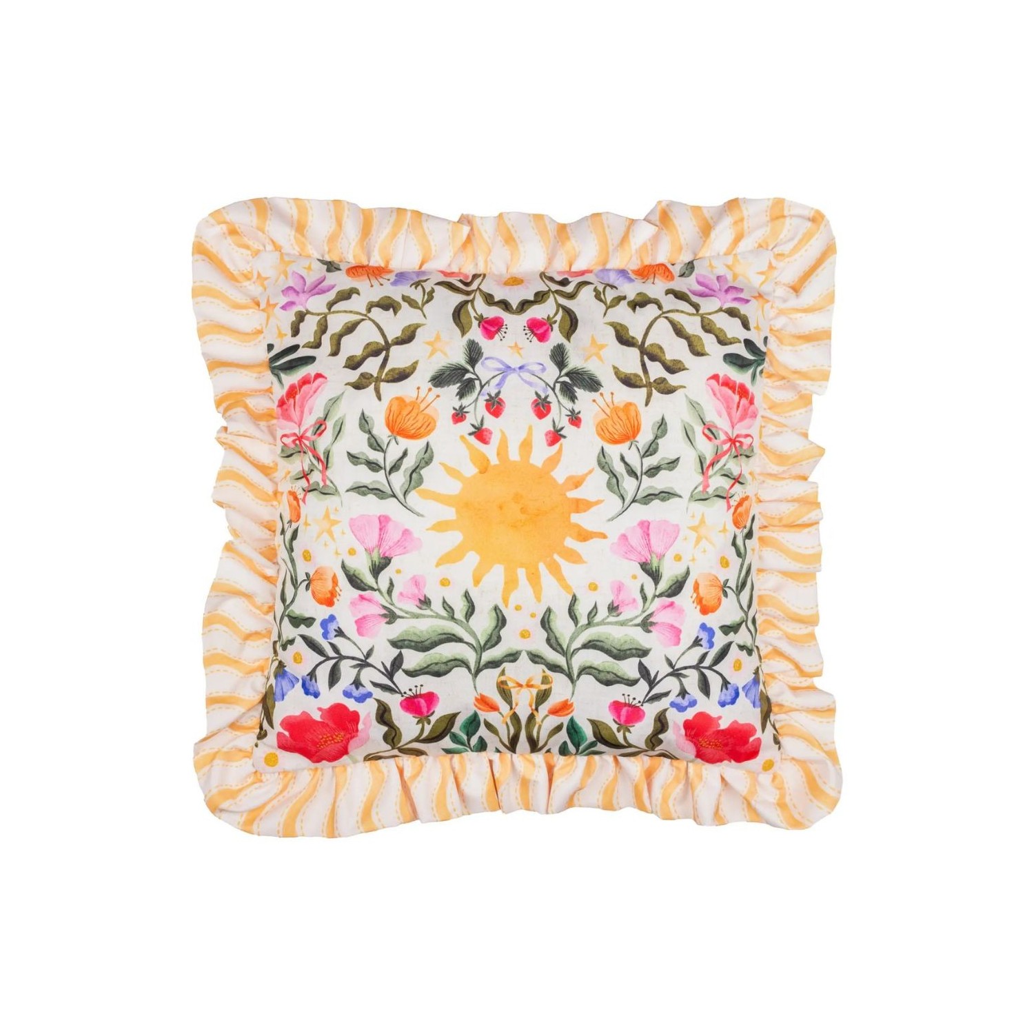 Coussin d’extérieur décor soleil et fleurs avec volants décoration colorée