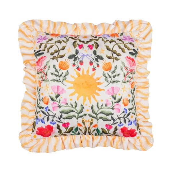 Coussin d’extérieur décor soleil et fleurs avec volants décoration colorée