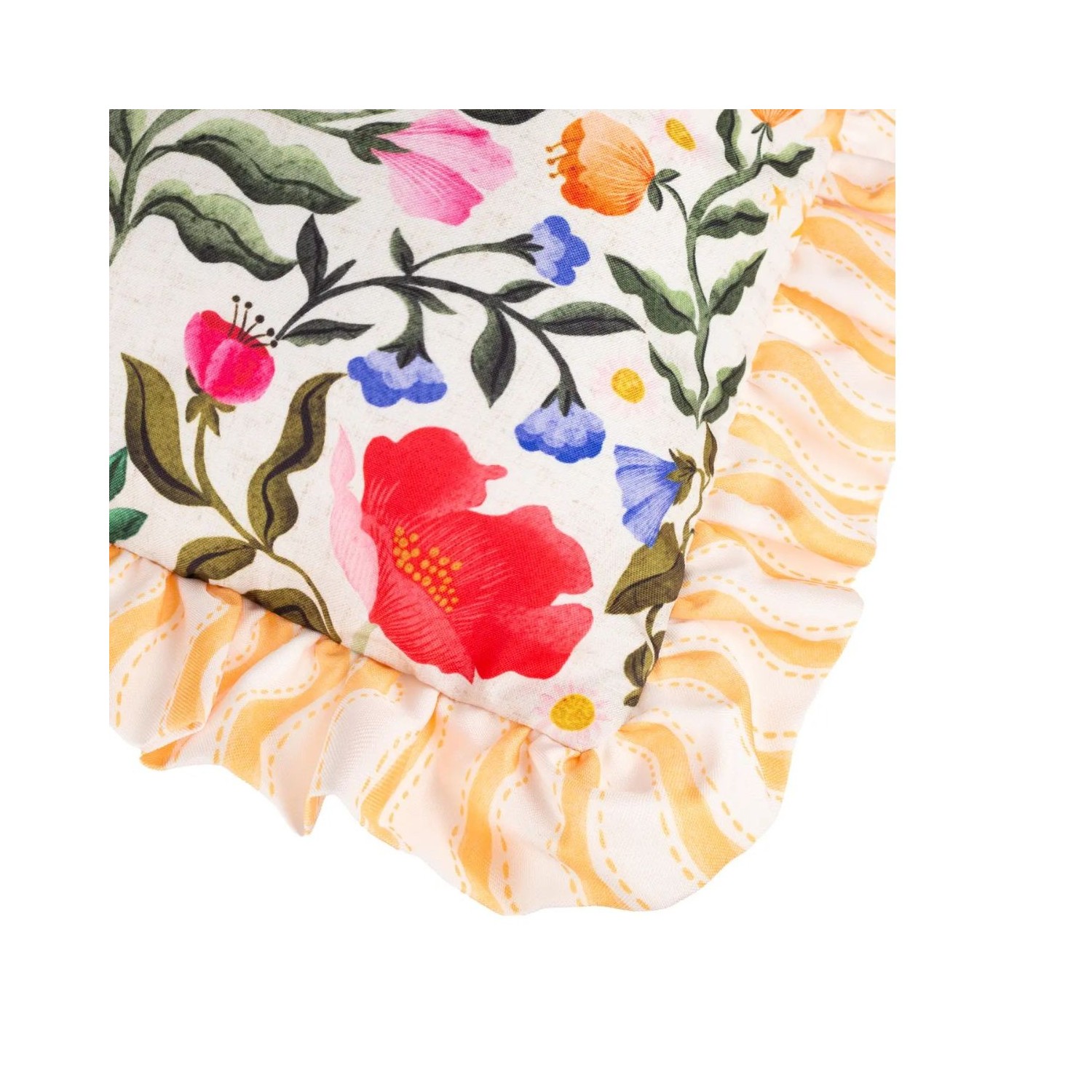 Coussin d’extérieur décor soleil et fleurs avec volants décoration colorée