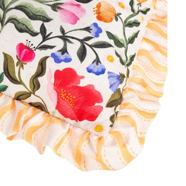 Coussin d’extérieur décor soleil et fleurs avec volants décoration colorée