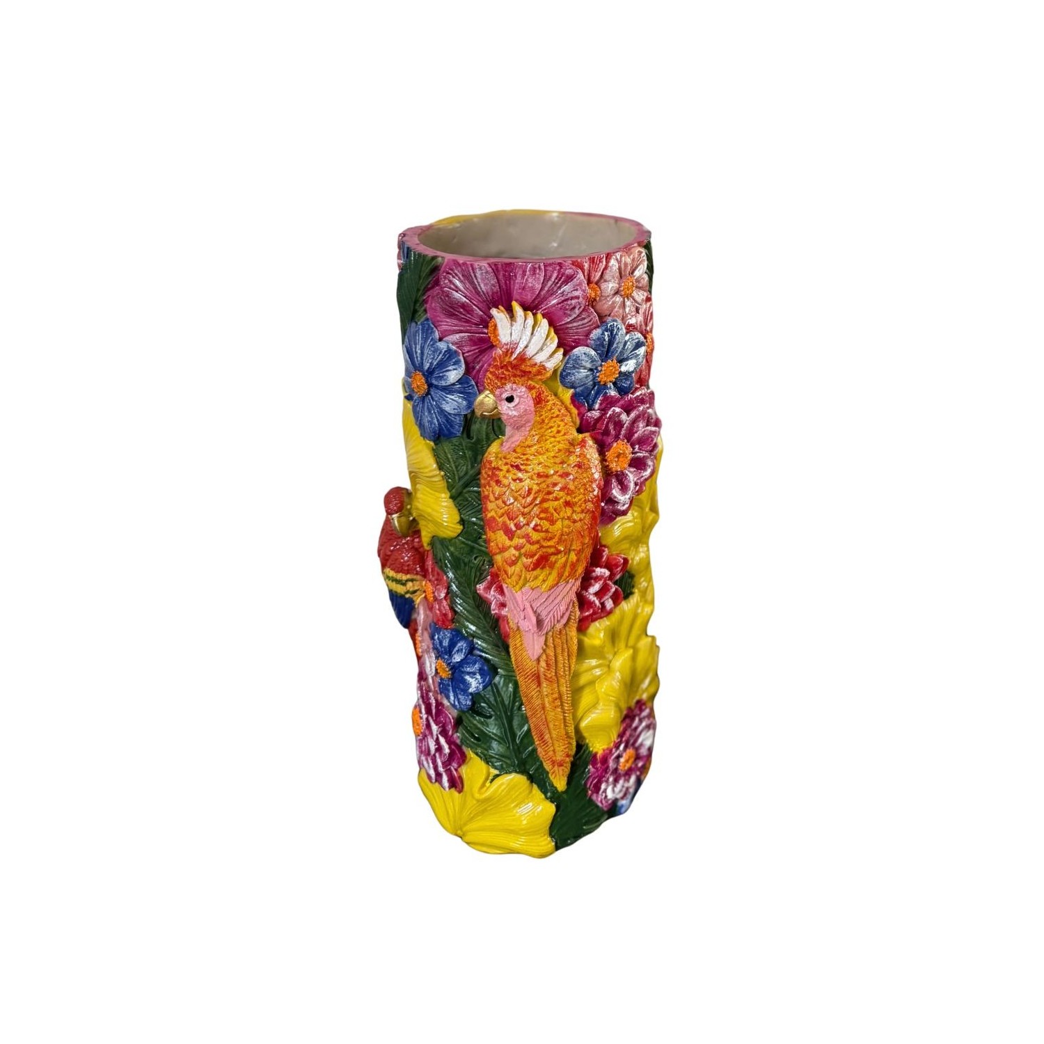 Vase en céramique coloré décoré d’un perroquet et de fleurs tropicales en relief.