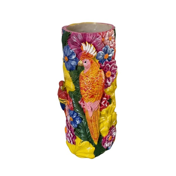 Vase en céramique coloré décoré d’un perroquet et de fleurs tropicales en relief.