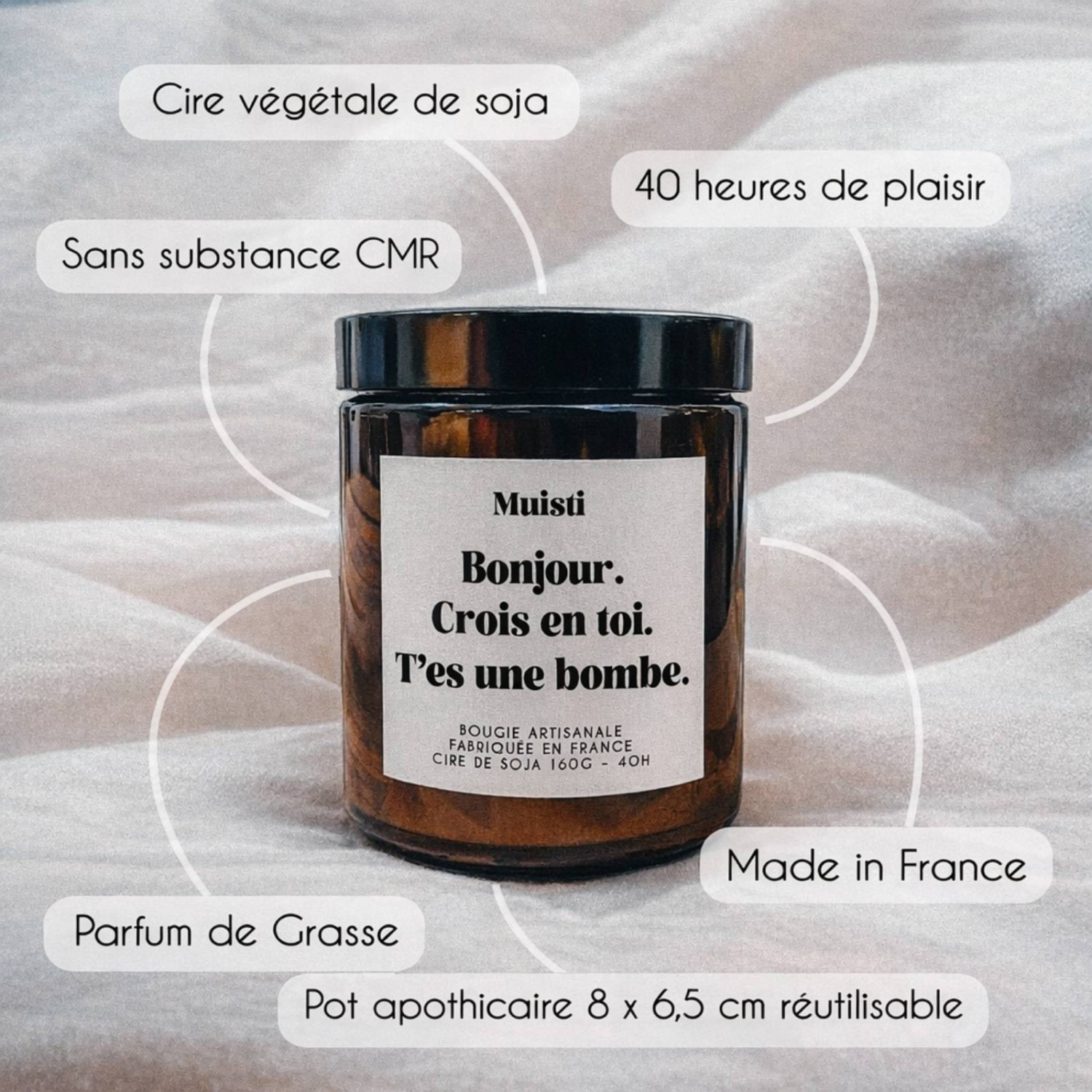 Bougie parfumée « Bonjour, crois en toi, t’es une bombe »