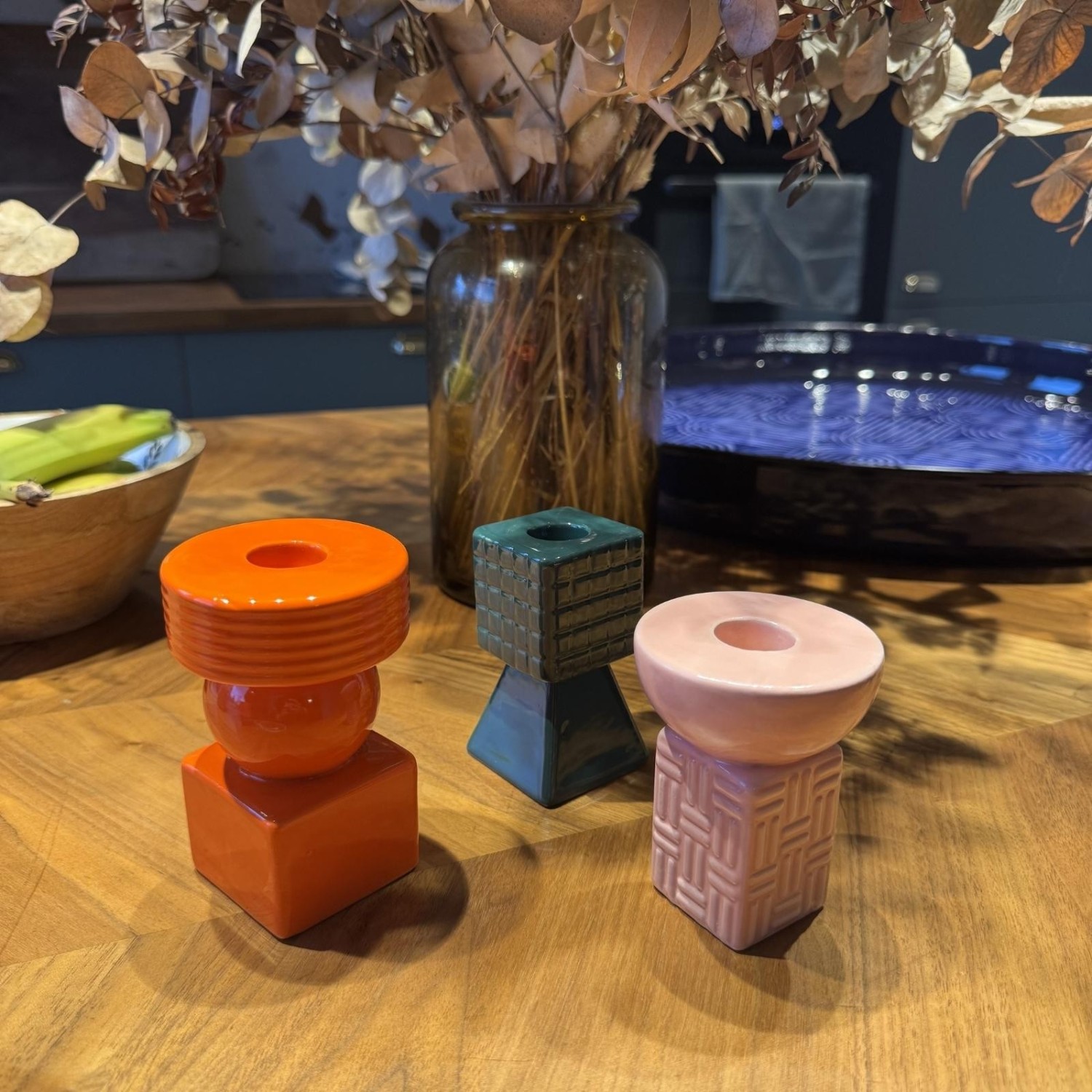Ensemble de 3 porte-bougies géométriques en céramique colorée