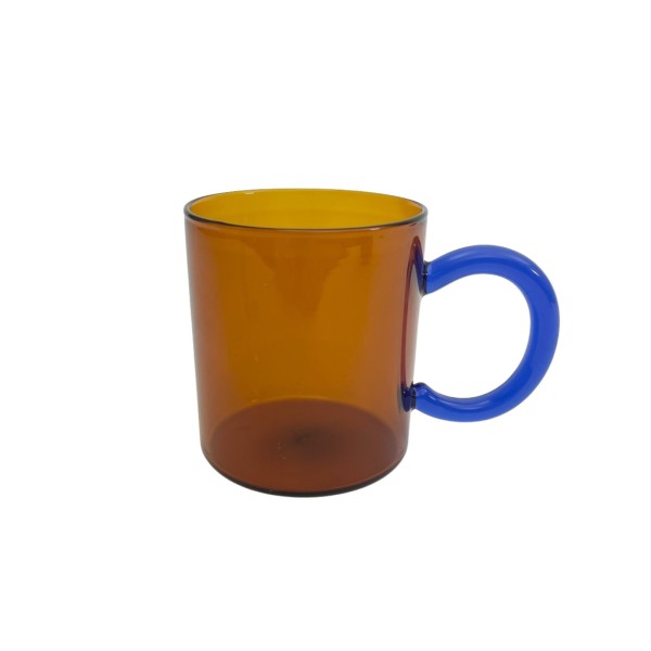 Mug en verre ambré anse bleue