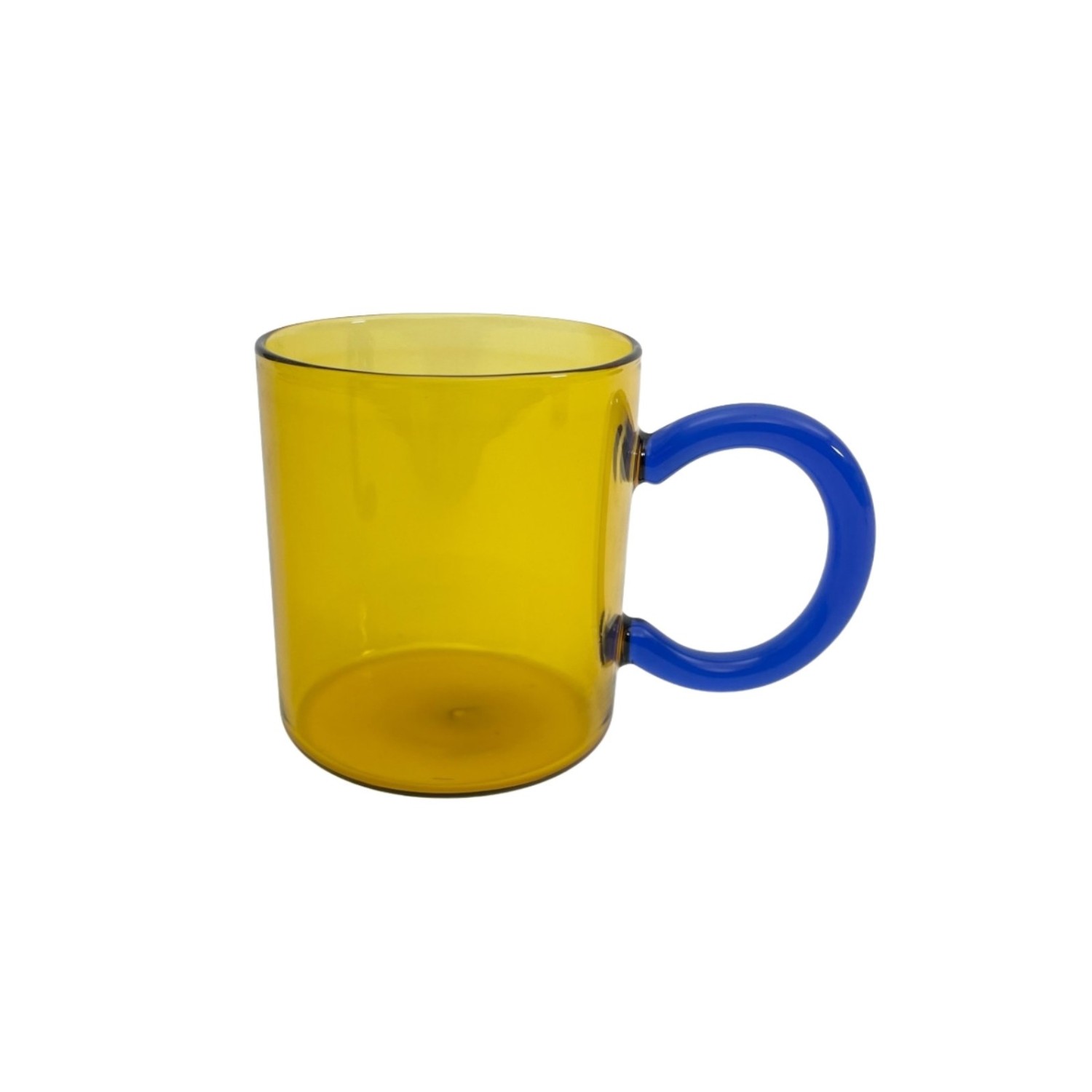 Mug en verre jaune anse bleue