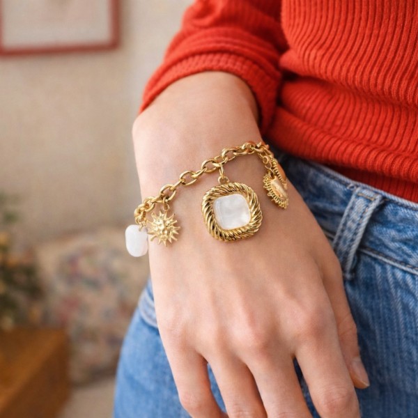 Bracelet breloques résine acier inoxydable doré Bari