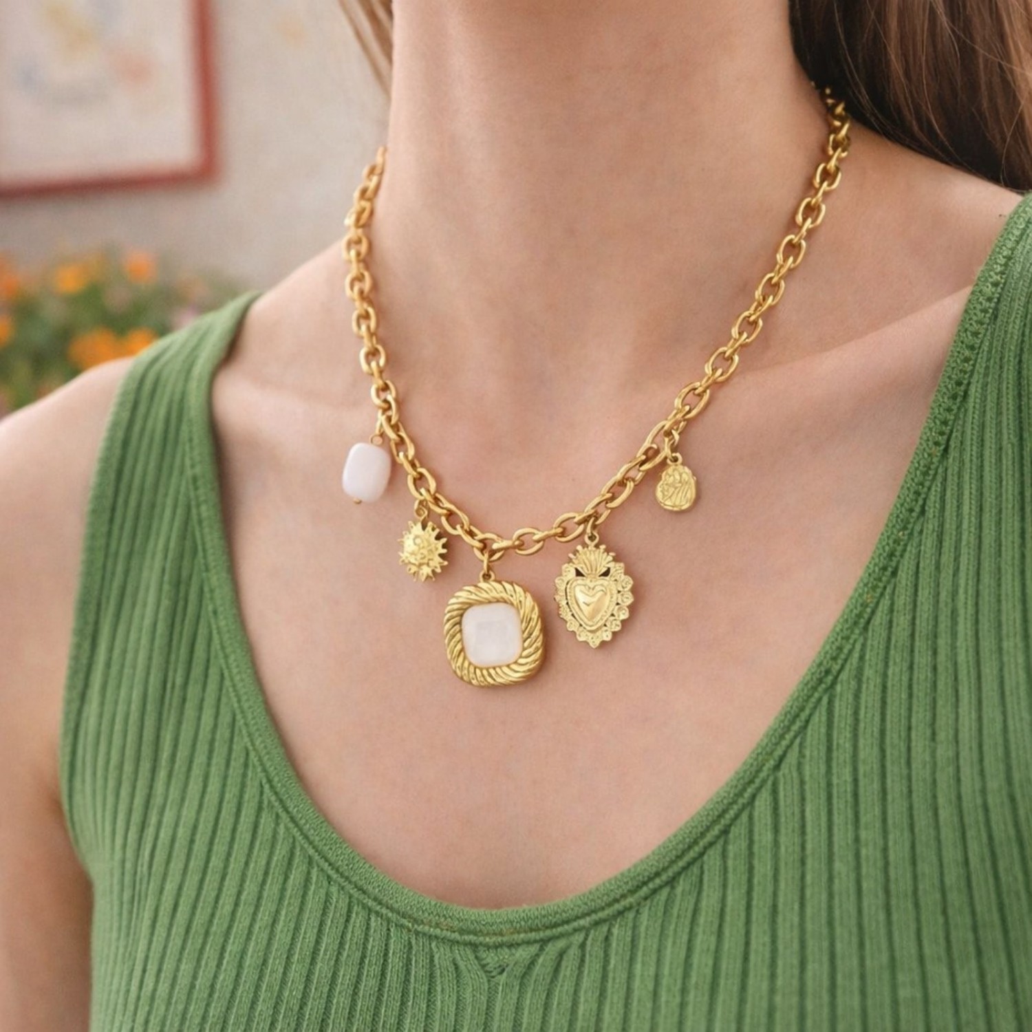 Collier breloques résine acier inoxydable doré Bari
