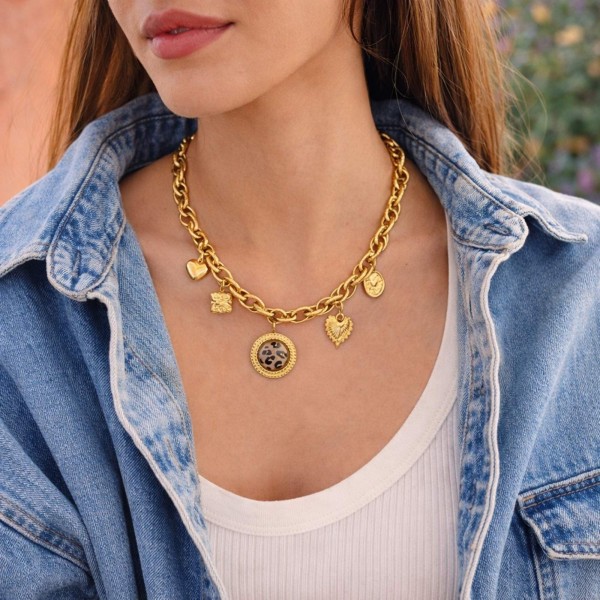 Collier chaîne breloques acier inoxydable doré léopard Arian