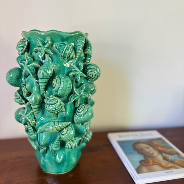 Grand vase en céramique aqua à coquillages
