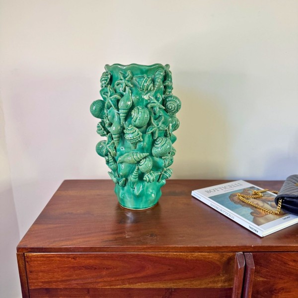 Grand vase en céramique aqua à coquillages