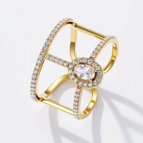 Bague double anneau strass ovale dorée