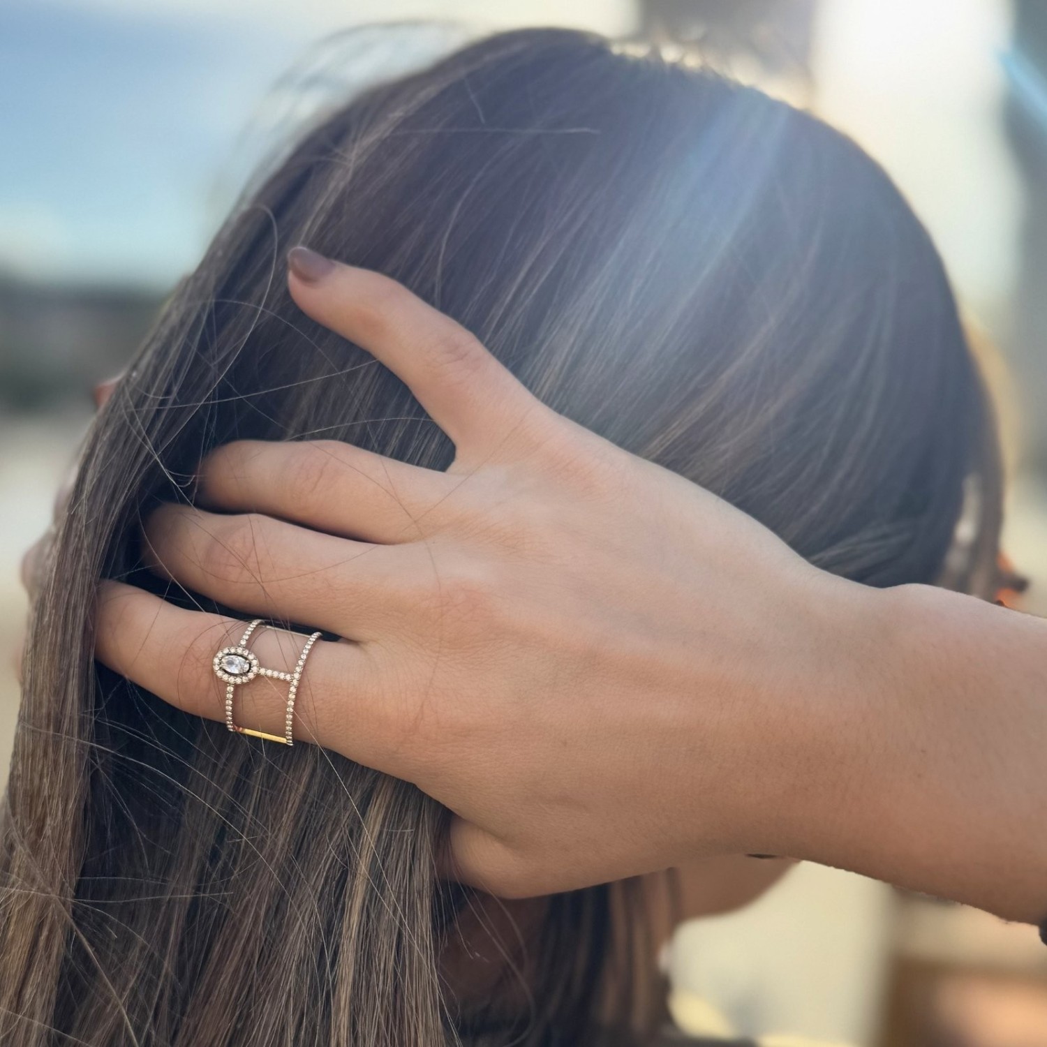 Bague double anneau strass ovale dorée